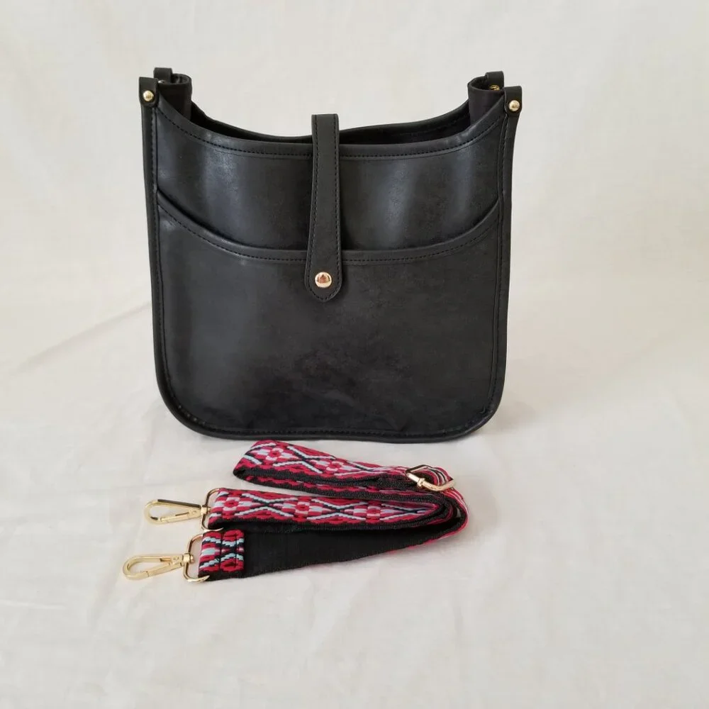 NWOT! Black Faux Leather Purse Shoulder Crossbody Bag with Embroidered Strap - Picture 2 of 12